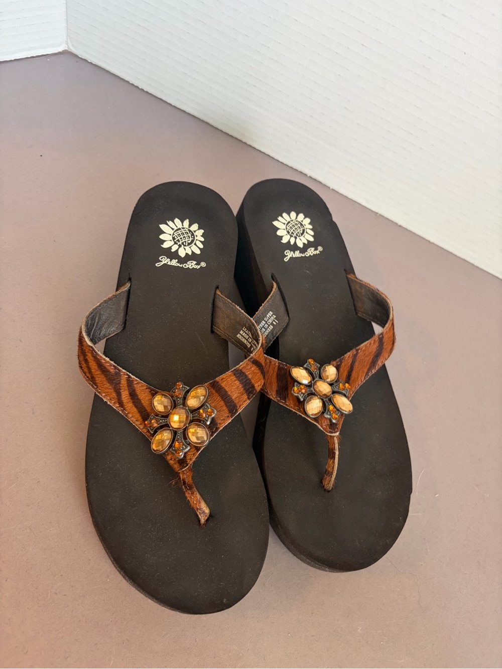 Yellow Box Brown Animal Print Jeweled Thong Sandals